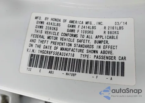 2014 Honda Accord Hybrid Ex-L from USA, damaged, VIN 1HGCR6F55EA004718